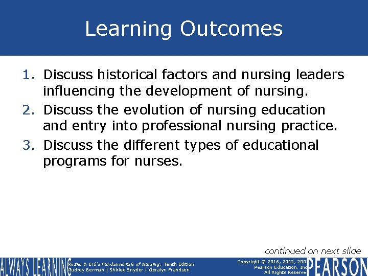 Learning Outcomes 1. Discuss historical factors and nursing leaders influencing the development of nursing.