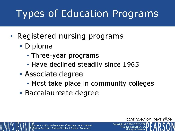 Types of Education Programs • Registered nursing programs § Diploma • Three-year programs •