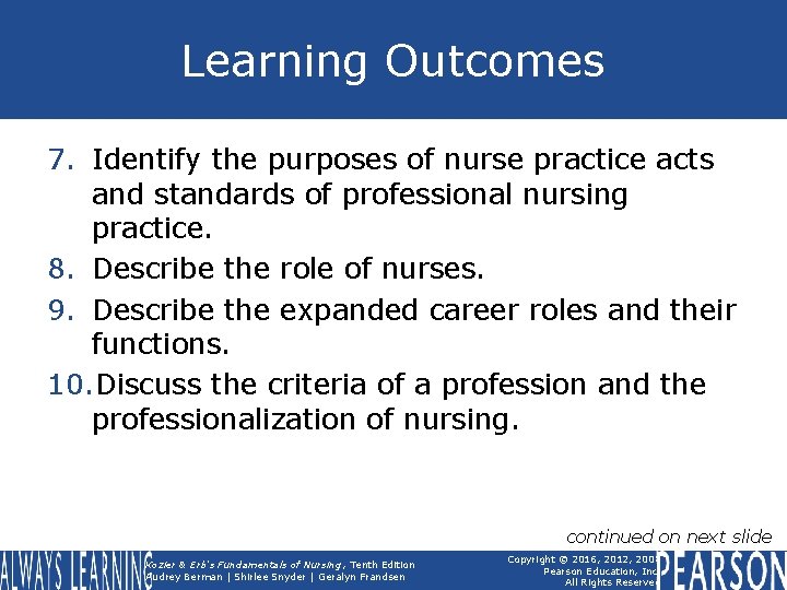 Learning Outcomes 7. Identify the purposes of nurse practice acts and standards of professional