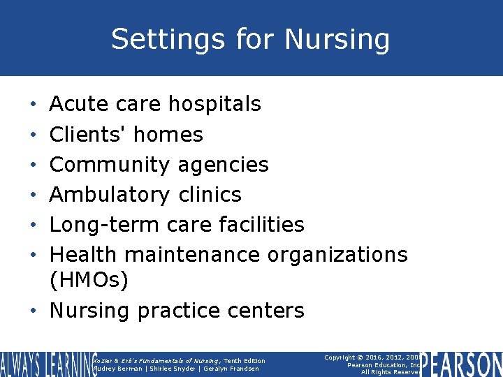 Settings for Nursing Acute care hospitals Clients' homes Community agencies Ambulatory clinics Long-term care