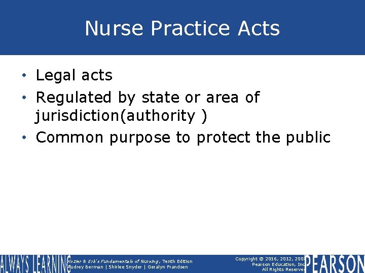 Nurse Practice Acts • Legal acts • Regulated by state or area of jurisdiction(authority