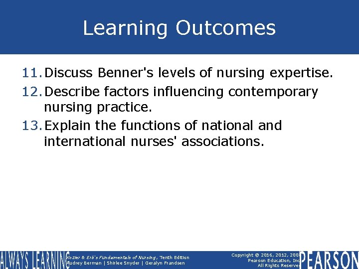 Learning Outcomes 11. Discuss Benner's levels of nursing expertise. 12. Describe factors influencing contemporary