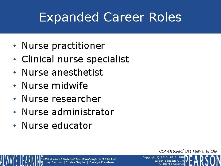 Expanded Career Roles • • Nurse practitioner Clinical nurse specialist Nurse anesthetist Nurse midwife