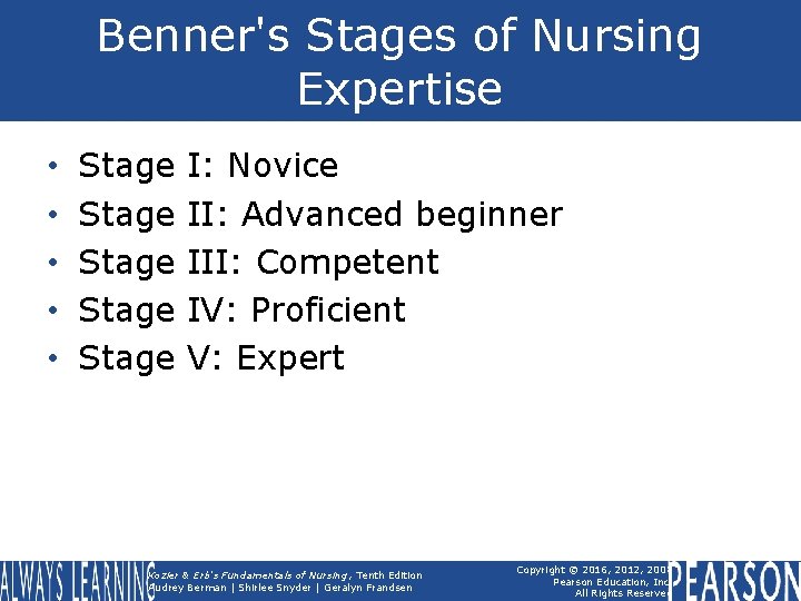Benner's Stages of Nursing Expertise • • • Stage Stage I: Novice II: Advanced