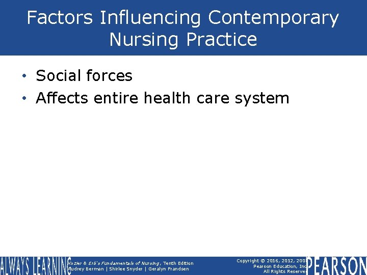 Factors Influencing Contemporary Nursing Practice • Social forces • Affects entire health care system