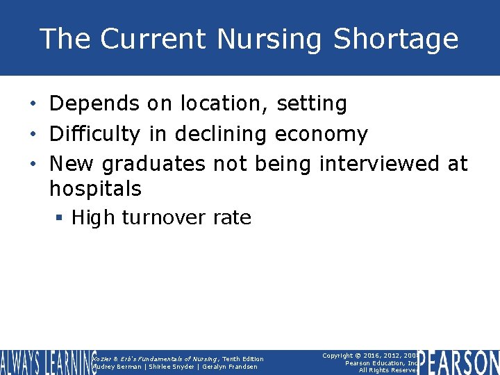 The Current Nursing Shortage • Depends on location, setting • Difficulty in declining economy