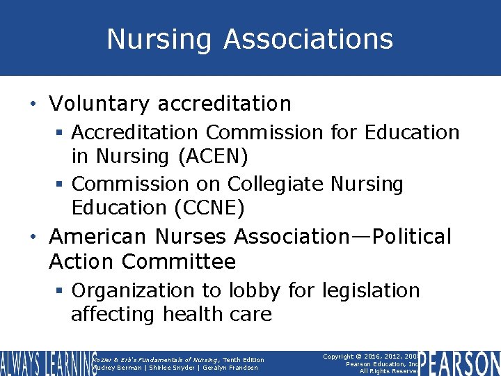 Nursing Associations • Voluntary accreditation § Accreditation Commission for Education in Nursing (ACEN) §