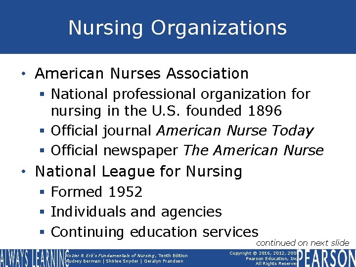 Nursing Organizations • American Nurses Association § National professional organization for nursing in the