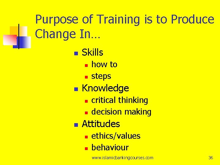 Purpose of Training is to Produce Change In… Skills Knowledge how to steps critical