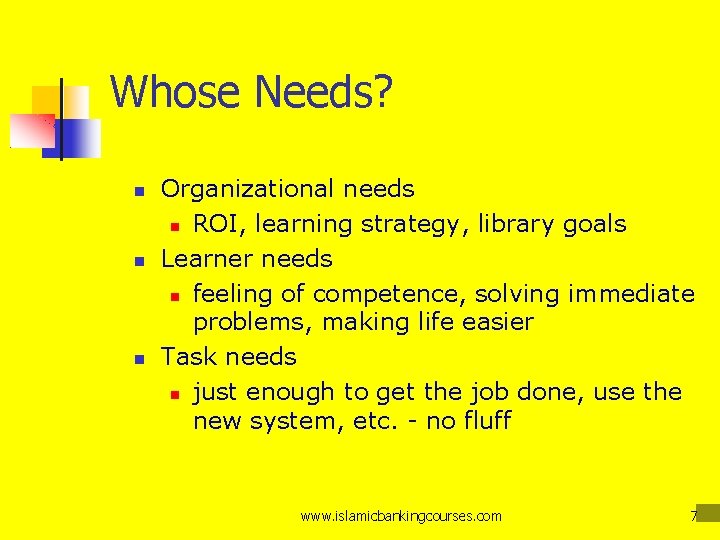 Whose Needs? Organizational needs ROI, learning strategy, library goals Learner needs feeling of competence,