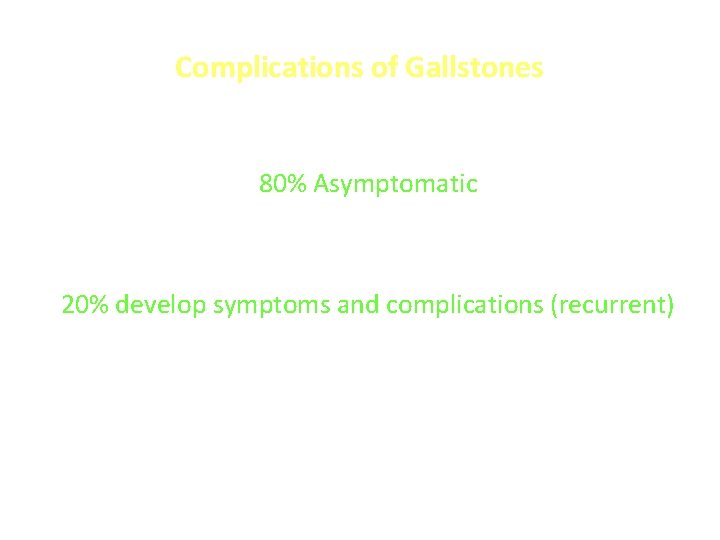 Complications of Gallstones 80% Asymptomatic 20% develop symptoms and complications (recurrent) 