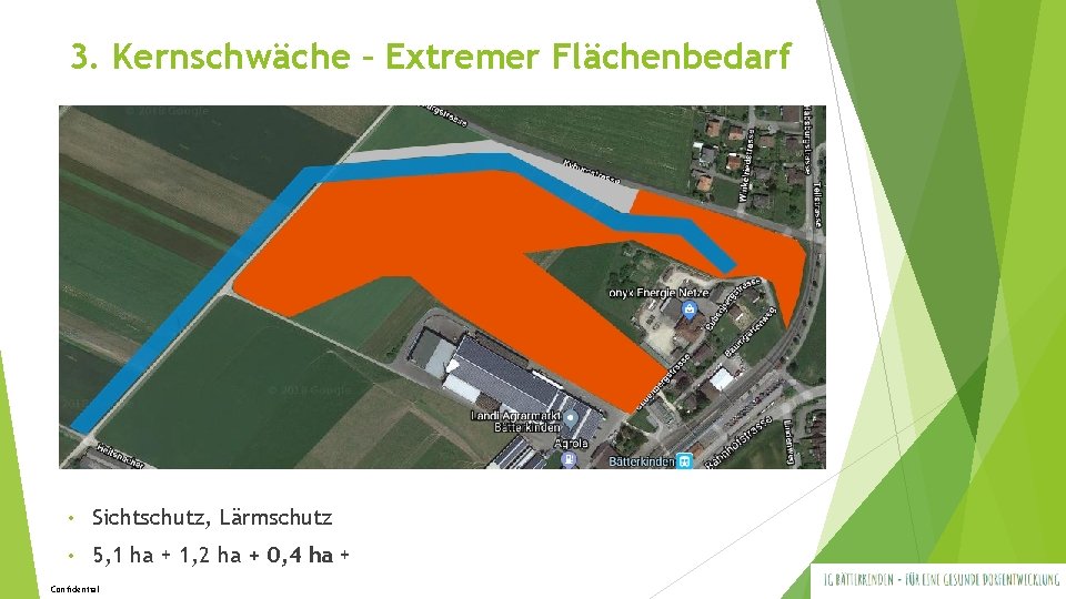 3. Kernschwäche – Extremer Flächenbedarf • Sichtschutz, Lärmschutz • 5, 1 ha + 1, 3. Kernschwäche – Extremer Flächenbedarf • Sichtschutz, Lärmschutz • 5, 1 ha + 1,