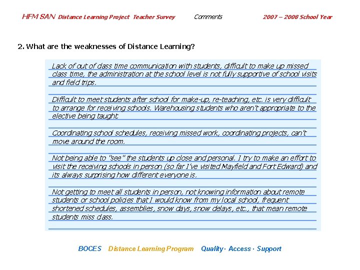 HFM SAN Distance Learning Project Teacher Survey Comments 2007 – 2008 School Year 2.