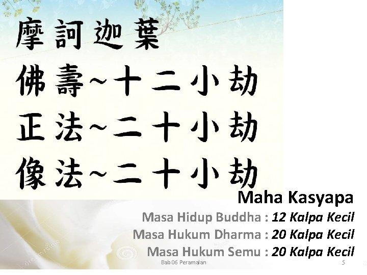 Maha Kasyapa Masa Hidup Buddha : 12 Kalpa Kecil Masa Hukum Dharma : 20