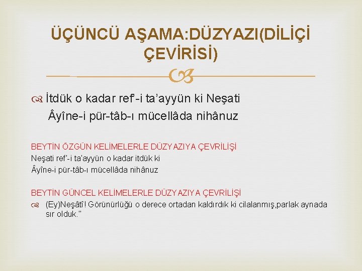 ÜÇÜNCÜ AŞAMA: DÜZYAZI(DİLİÇİ ÇEVİRİSİ) İtdük o kadar ref’-i ta’ayyün ki Neşati yîne-i pür-tâb-ı mücellâda