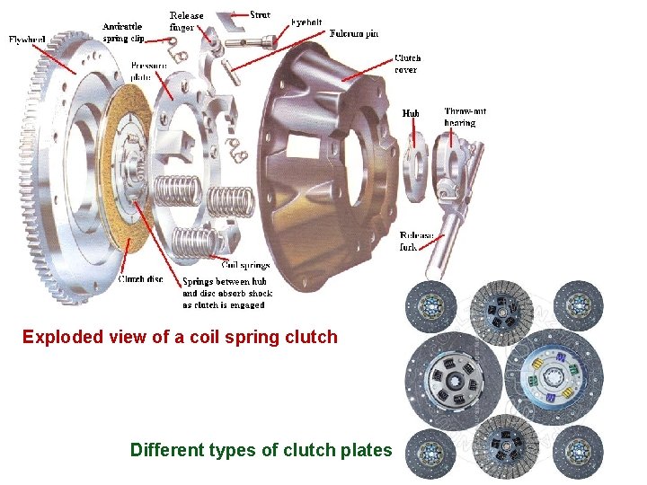 Exploded view of a coil spring clutch Different types of clutch plates 