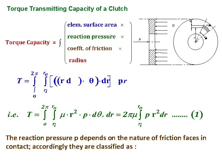 Torque Transmitting Capacity of a Clutch The reaction pressure p depends on the nature