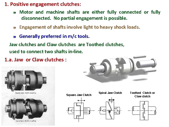 1. Positive engagement clutches: 8 Motor and machine shafts are either fully connected or