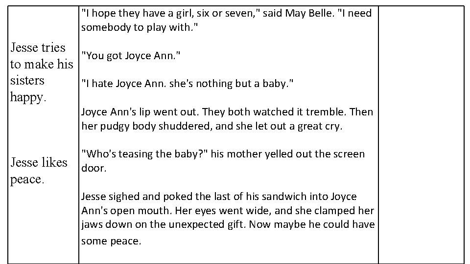 "I hope they have a girl, six or seven, " said May Belle. "I