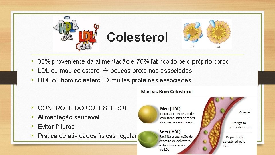 Colesterol • 30% proveniente da alimentação e 70% fabricado pelo próprio corpo • LDL