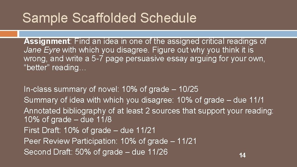 Sample Scaffolded Schedule Assignment: Find an idea in one of the assigned critical readings
