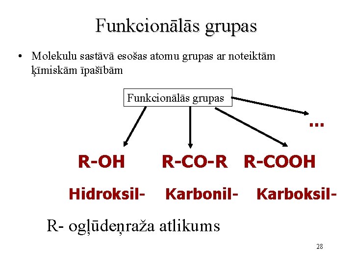 Funkcionālās grupas • Molekulu sastāvā esošas atomu grupas ar noteiktām ķīmiskām īpašībām Funkcionālās grupas