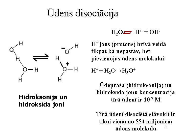 Ūdens disociācija H 2 O H+ + OH- H+ jons (protons) brīvā veidā tikpat