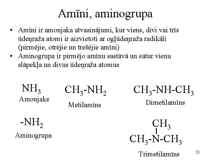 Amīni, aminogrupa • Amīni ir amonjaka atvasinājumi, kur viens, divi vai trīs ūdeņraža atomi