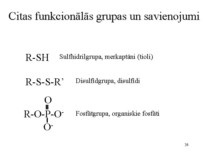 Citas funkcionālās grupas un savienojumi R-SH Sulfhidrilgrupa, merkaptāni (tioli) R-S-S-R’ Disulfīdgrupa, disulfīdi O R-O-P-OO-