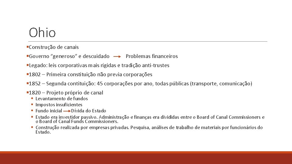 Ohio §Construção de canais §Governo “generoso” e descuidado Problemas financeiros §Legado: leis corporativas mais