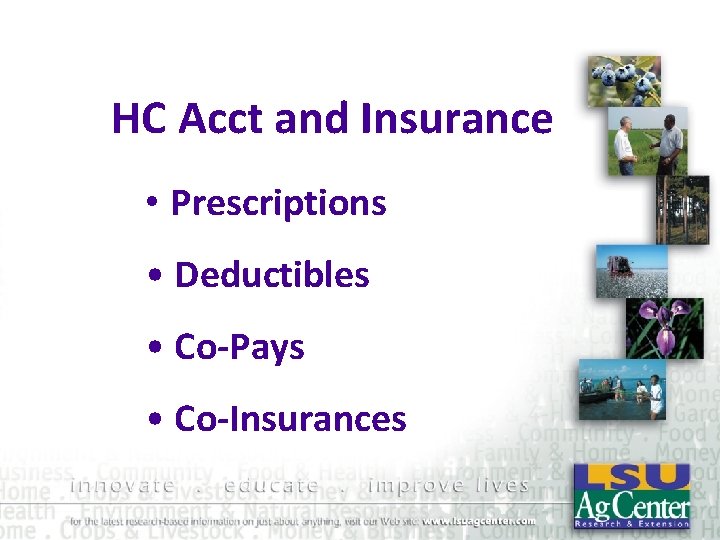 HC Acct and Insurance • Prescriptions • Deductibles • Co-Pays • Co-Insurances 