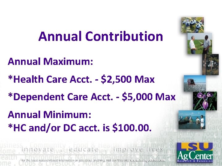 Annual Contribution Annual Maximum: *Health Care Acct. - $2, 500 Max *Dependent Care Acct.