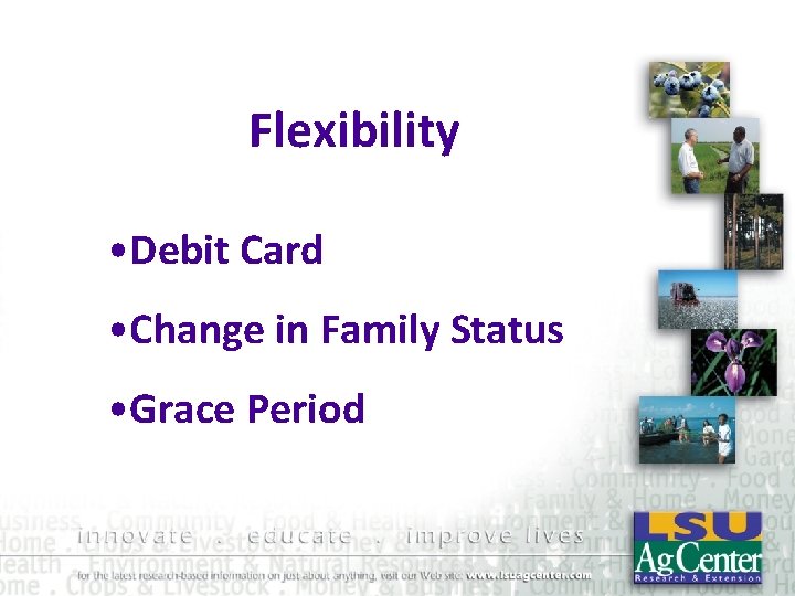 Flexibility • Debit Card • Change in Family Status • Grace Period 