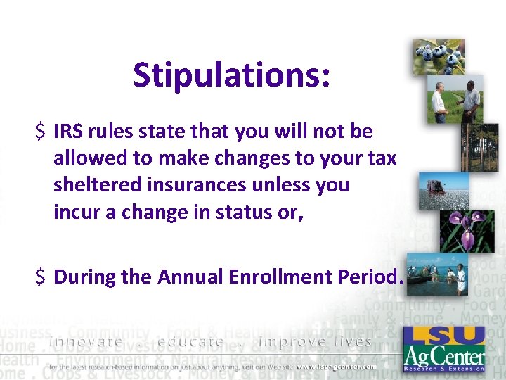 Stipulations: $ IRS rules state that you will not be allowed to make changes