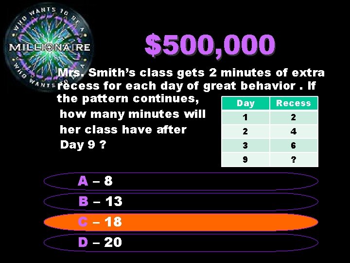 $500, 000 Mrs. Smith’s class gets 2 minutes of extra recess for each day