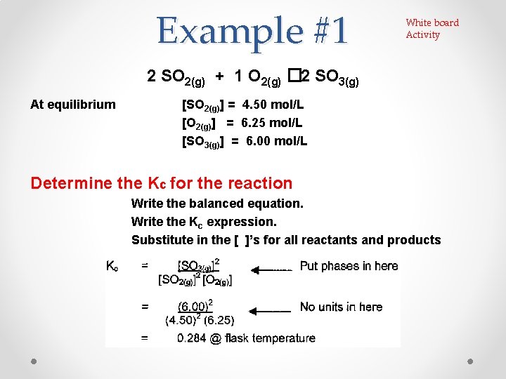 Example #1 White board Activity 2 SO 2(g) + 1 O 2(g) � 2 Example #1 White board Activity 2 SO 2(g) + 1 O 2(g) � 2
