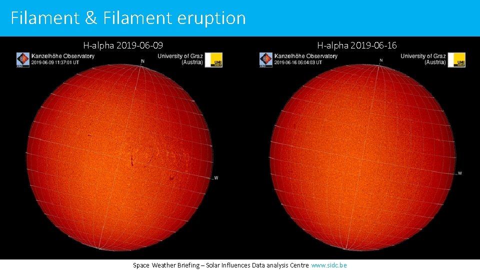 Filament & Filament eruption H-alpha 2019 -06 -09 H-alpha 2019 -06 -16 Space Weather