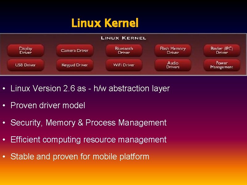 Linux Kernel • Linux Version 2. 6 as - h/w abstraction layer • Proven