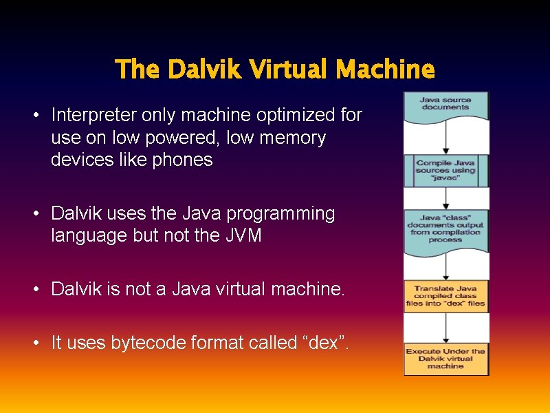 The Dalvik Virtual Machine • Interpreter only machine optimized for use on low powered,