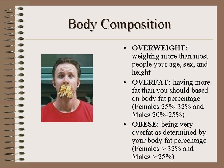 Body Composition • OVERWEIGHT: weighing more than most people your age, sex, and height