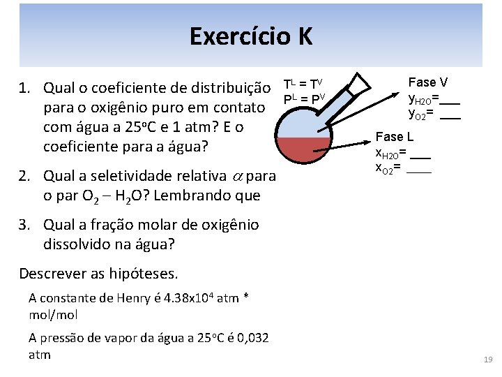 Exercício K 1. Qual o coeficiente de distribuição para o oxigênio puro em contato