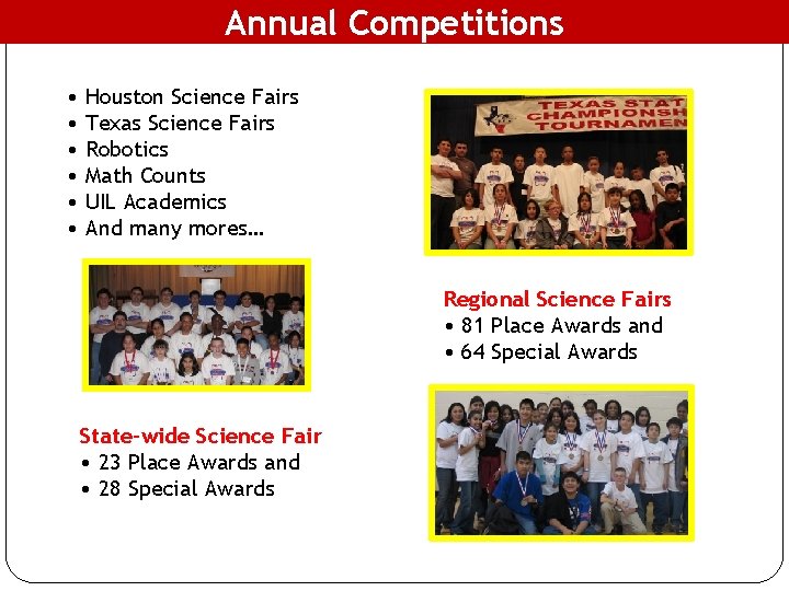 Annual Competitions • Houston Science Fairs • Texas Science Fairs • Robotics • Math