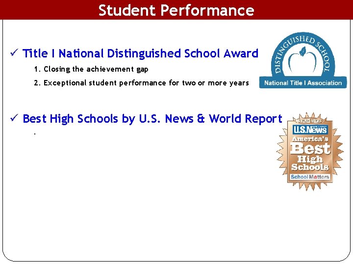 Student Performance ü Title I National Distinguished School Award 1. Closing the achievement gap