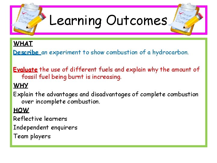Learning Outcomes WHAT Describe an experiment to show combustion of a hydrocarbon. Evaluate the Learning Outcomes WHAT Describe an experiment to show combustion of a hydrocarbon. Evaluate the