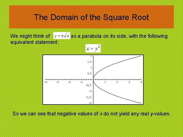 The Domain of the Square Root We might think of equivalent statement: as a