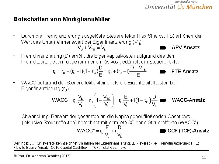 Botschaften von Modigliani/Miller • Durch die Fremdfanzierung ausgelöste Steuereffekte (Tax Shields, TS) erhöhen den