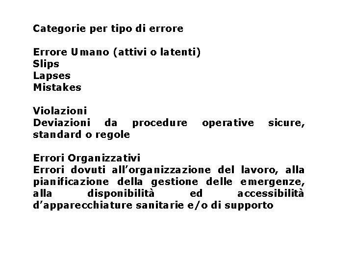 Categorie per tipo di errore Errore Umano (attivi o latenti) Slips Lapses Mistakes Violazioni