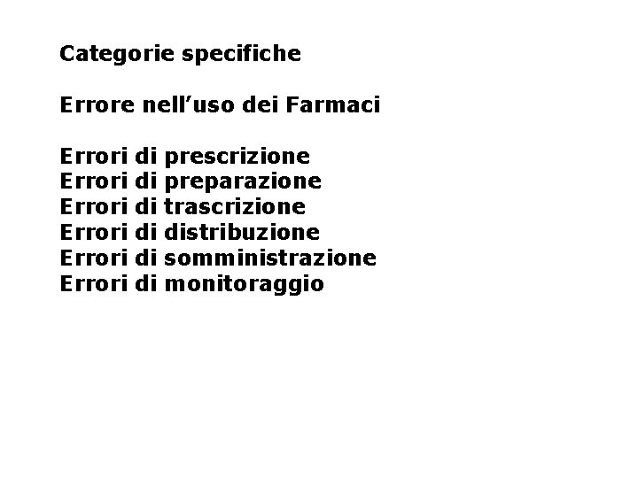 Categorie specifiche Errore nell’uso dei Farmaci Errori Errori di di di prescrizione preparazione trascrizione