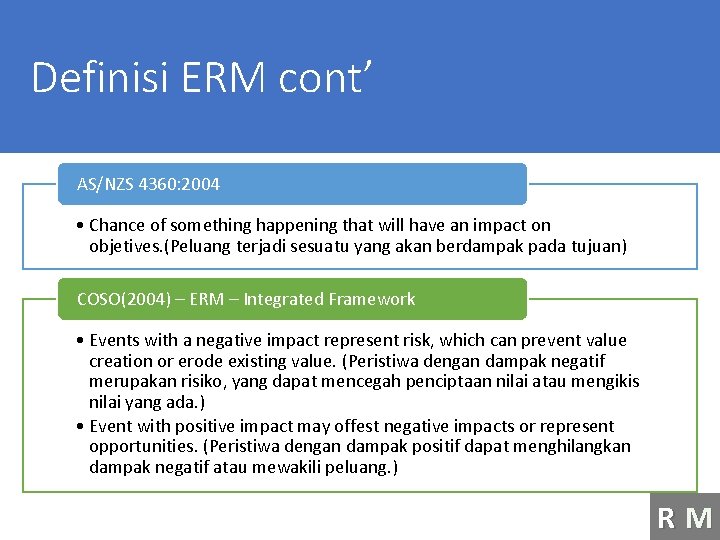 Definisi ERM cont’ AS/NZS 4360: 2004 • Chance of something happening that will have