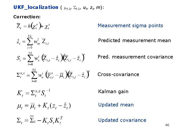 UKF_localization ( mt-1, St-1, ut, zt, m): Correction: Measurement sigma points Predicted measurement mean
